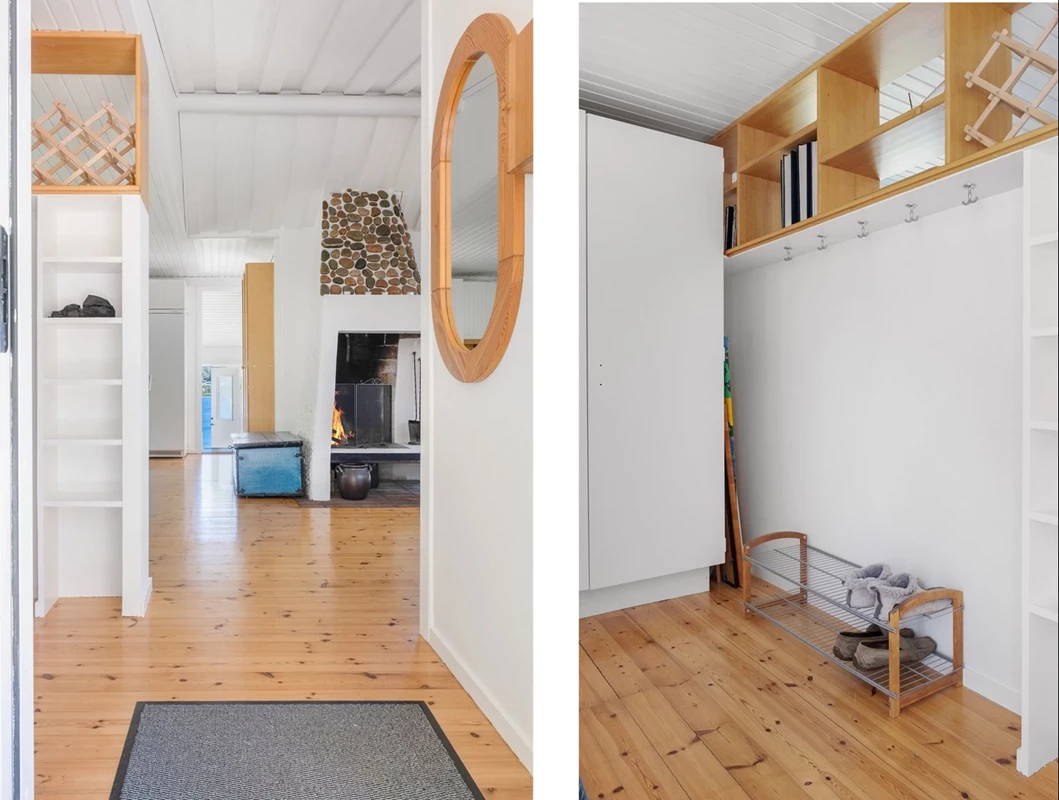 Ljus hall med direktkontakt till husets öppna, luftiga sällskapsytor