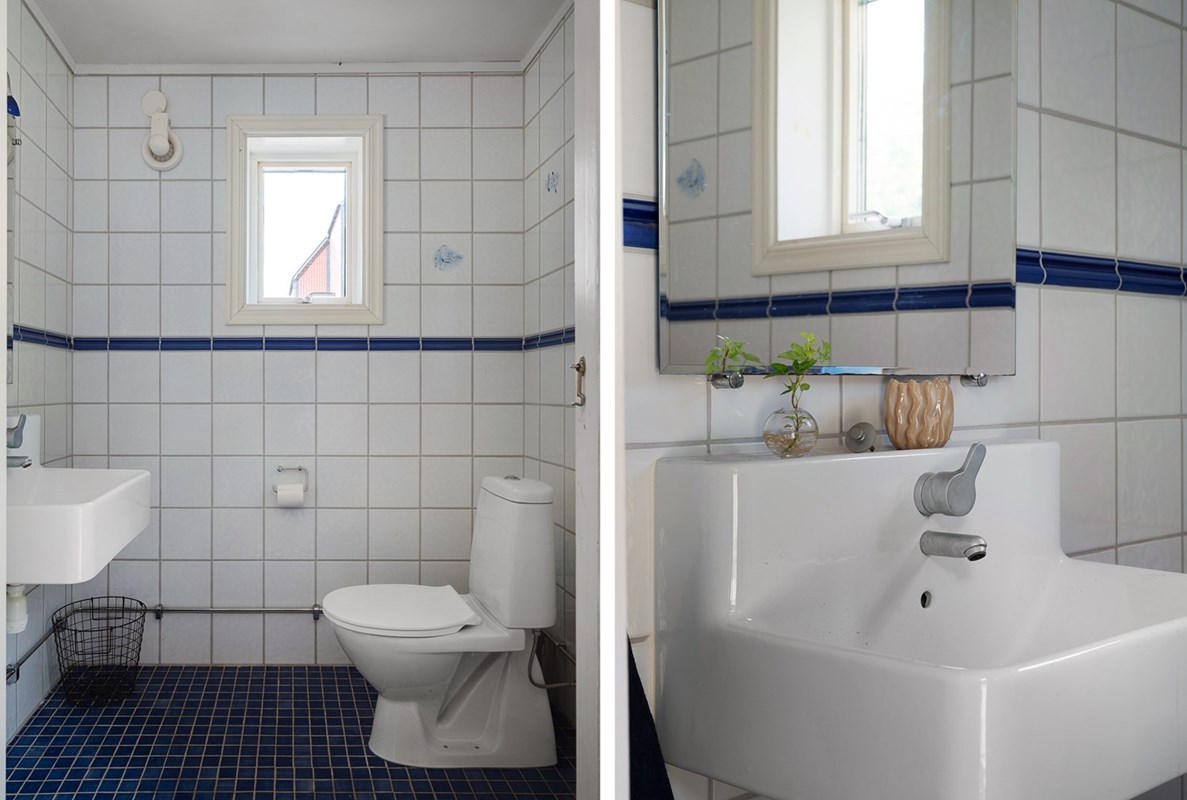 WC nedre plan, helkaklat i vitt och blått