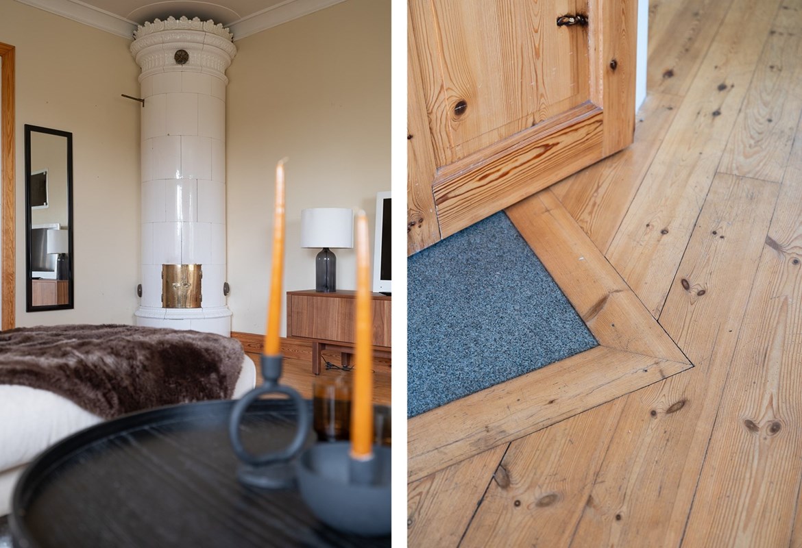 En vacker kakelugn med stänkskydd i granit (godkänannde behövs före eldning)