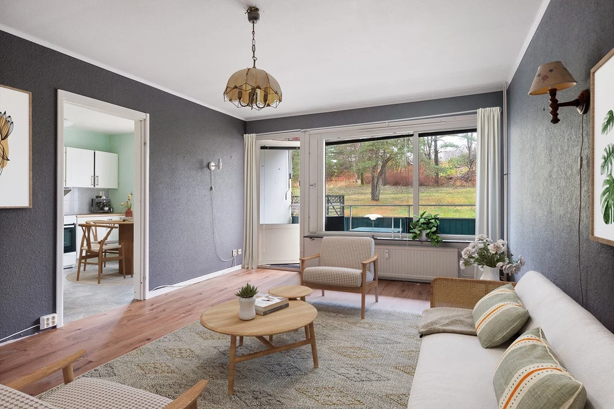 Sågvägen 9B - vardagsrum med digital möblering