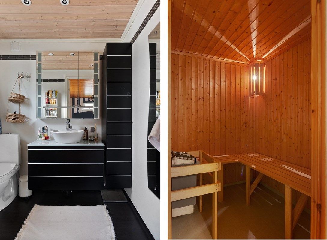 Tv. Föräldrasovrummets privata WC. Th. Bastun ligger i källaren.