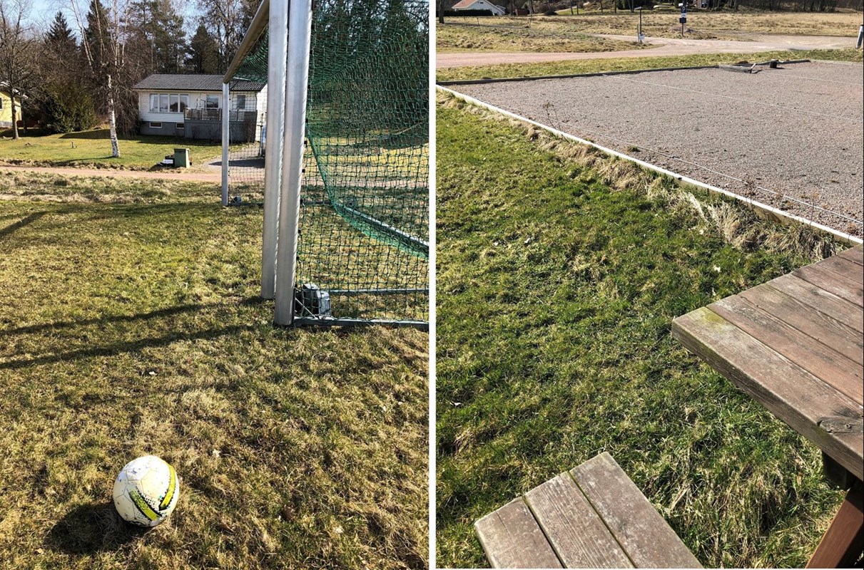 Fotbollsplan och boulebana i området