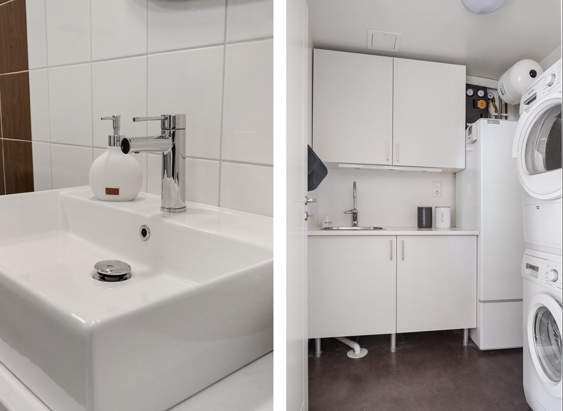 Th. Tvättstuga i anslutning till badrummet. Tv. Detalj badrum