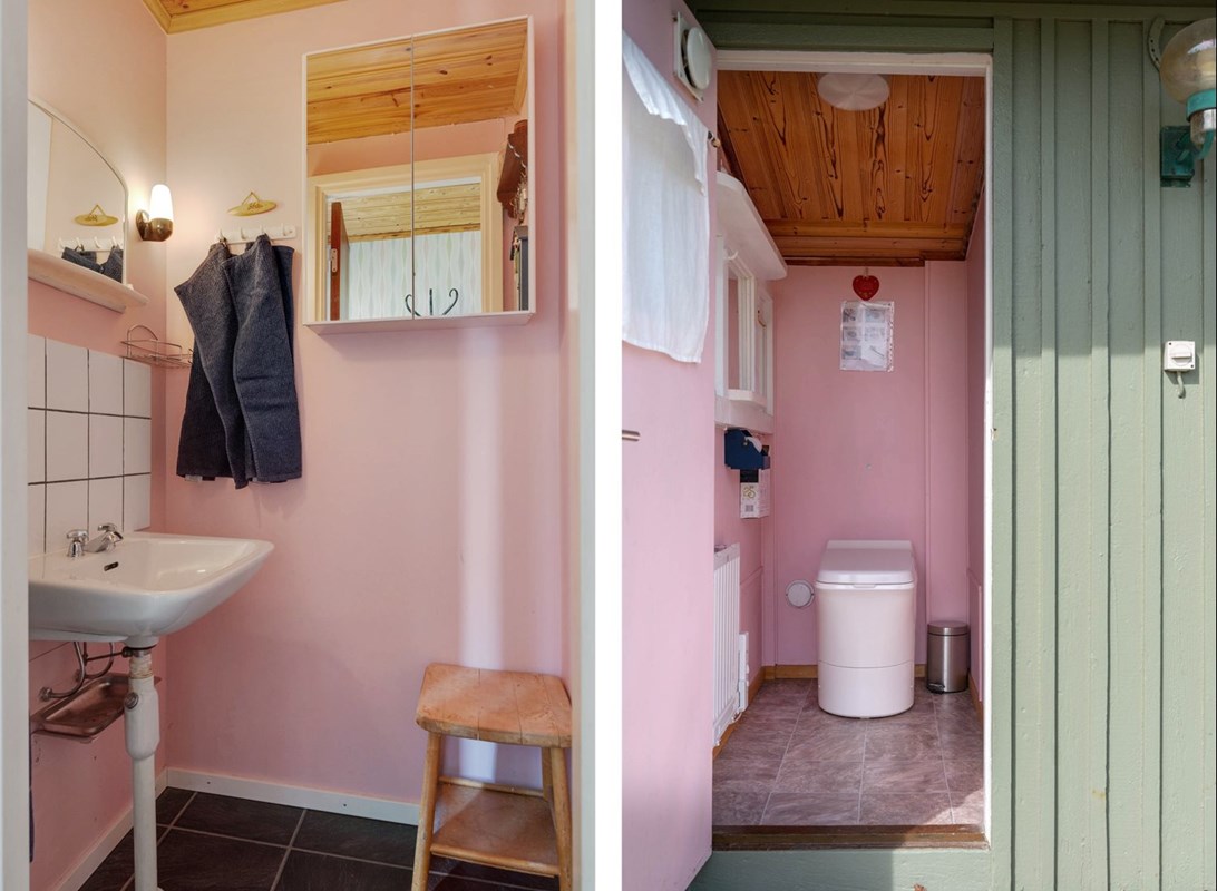 Tvättrum i storstugan och en fräsch förbränningstoalett i en av bodarna