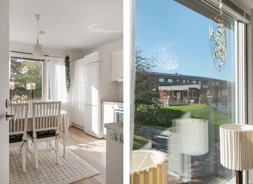Mycket ljust kök med vy över gården